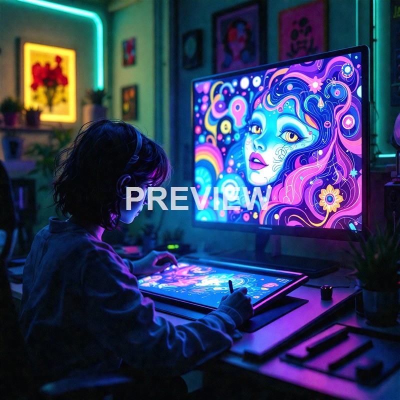 A person is working on a digital drawing tablet in a dimly lit room illuminated by vibrant neon lights, with a colorful, psychedelic portrait of a woman displayed on a large monitor.